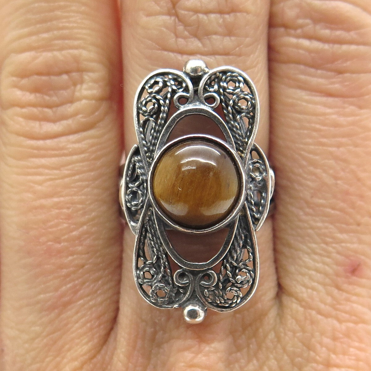 925 Sterling Silver Vintage Israel Tiger Eye Filigree Adjustable Ring Size 6.25