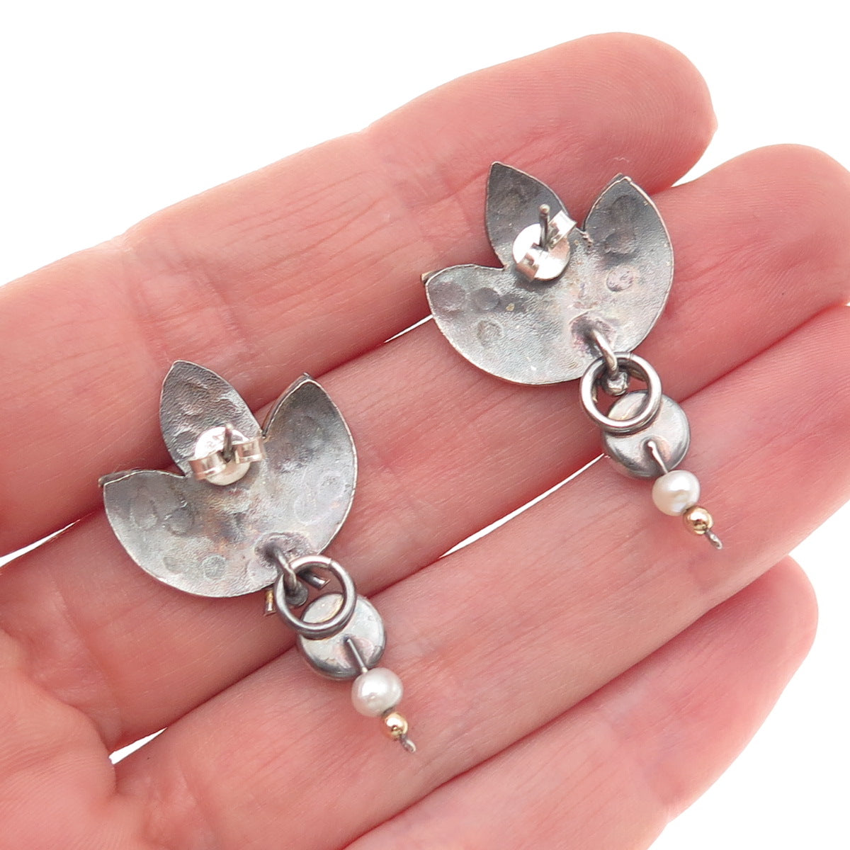 925 Sterling Gold Filled Vintage Real Pearl & Iolite Modernist Floral Earrings