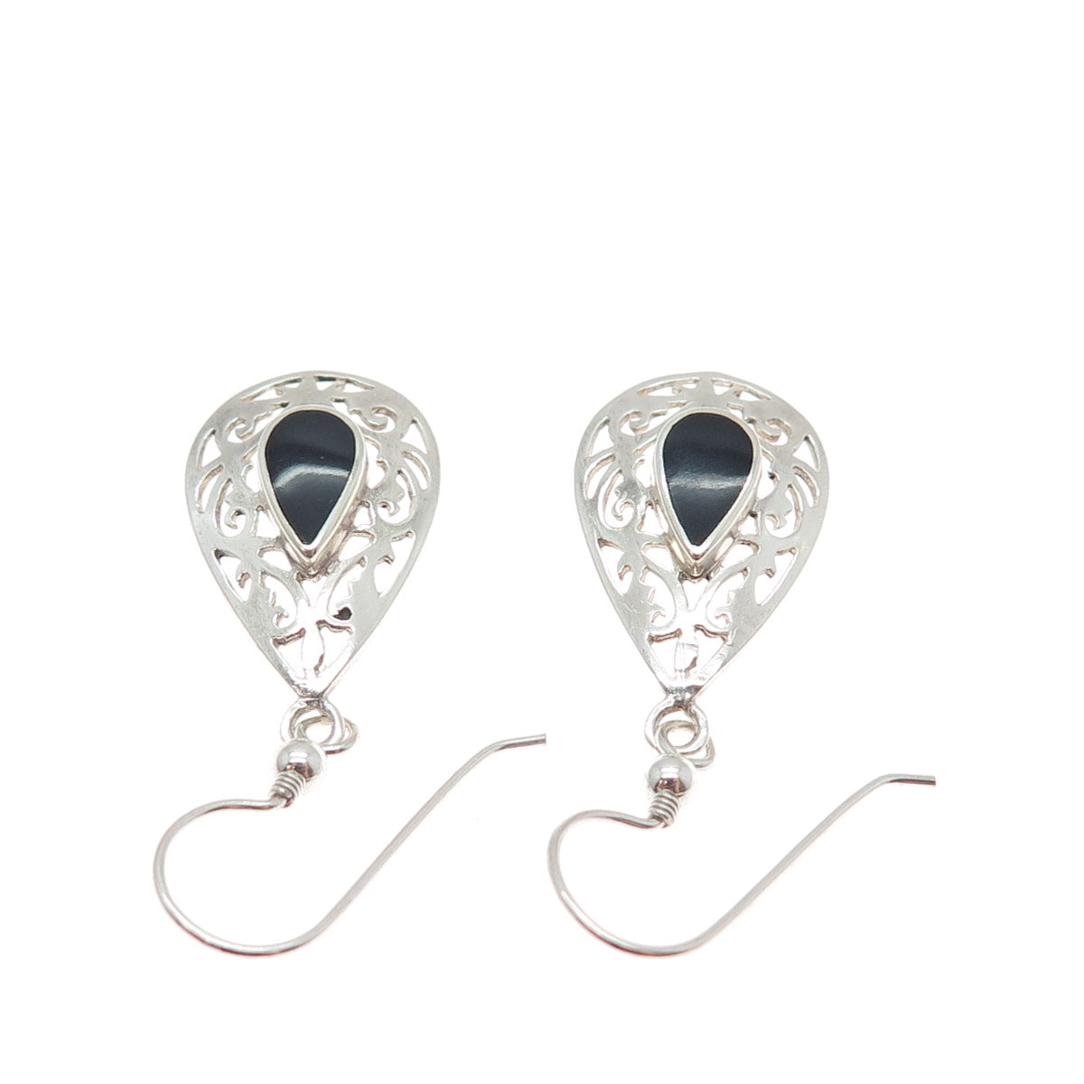 925 Sterling Silver Vintage Real Black Onyx Ornate Teardrop Dangle Earrings