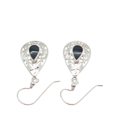 925 Sterling Silver Vintage Real Black Onyx Ornate Teardrop Dangle Earrings