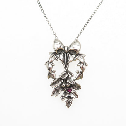 Franklin Mint Sterling Silver Vintage 1982 Real Ruby Holly Chain Necklace 18"