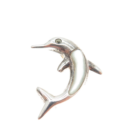 925 Sterling Silver Vintage Real Mother-of-Pearl Friendly Dolphin Slide Pendant