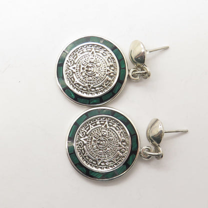 925 Sterling Silver Vintage Mexico Malachite Gem Inlay Aztec Calendar Earrings