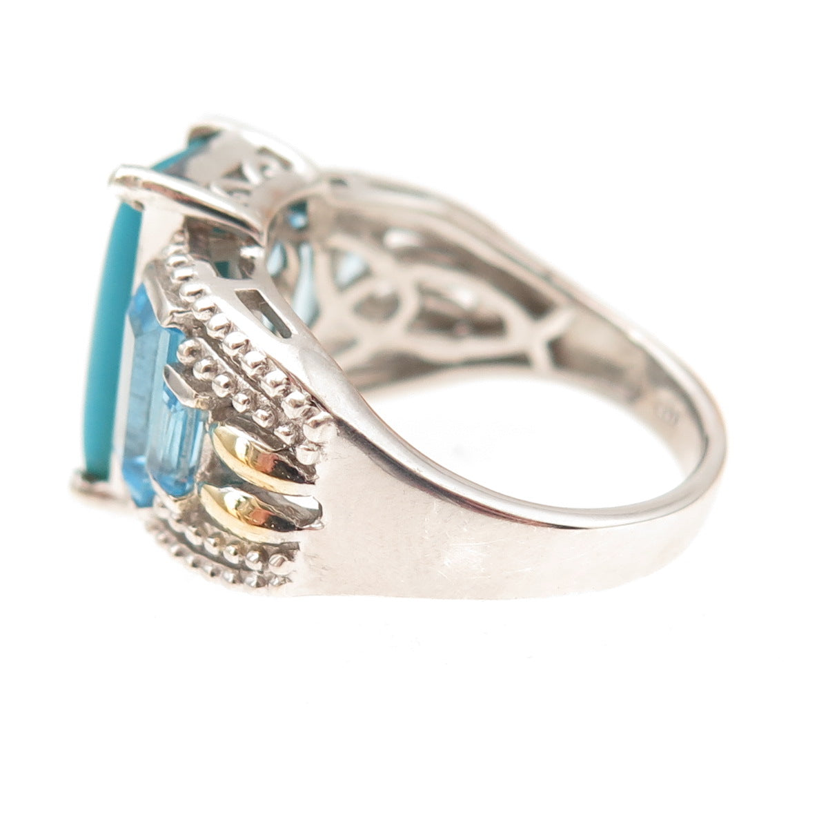 Chuck Clemency 925 Sterling Silver Real Turquoise & Blue Topaz Ring Size 8.25