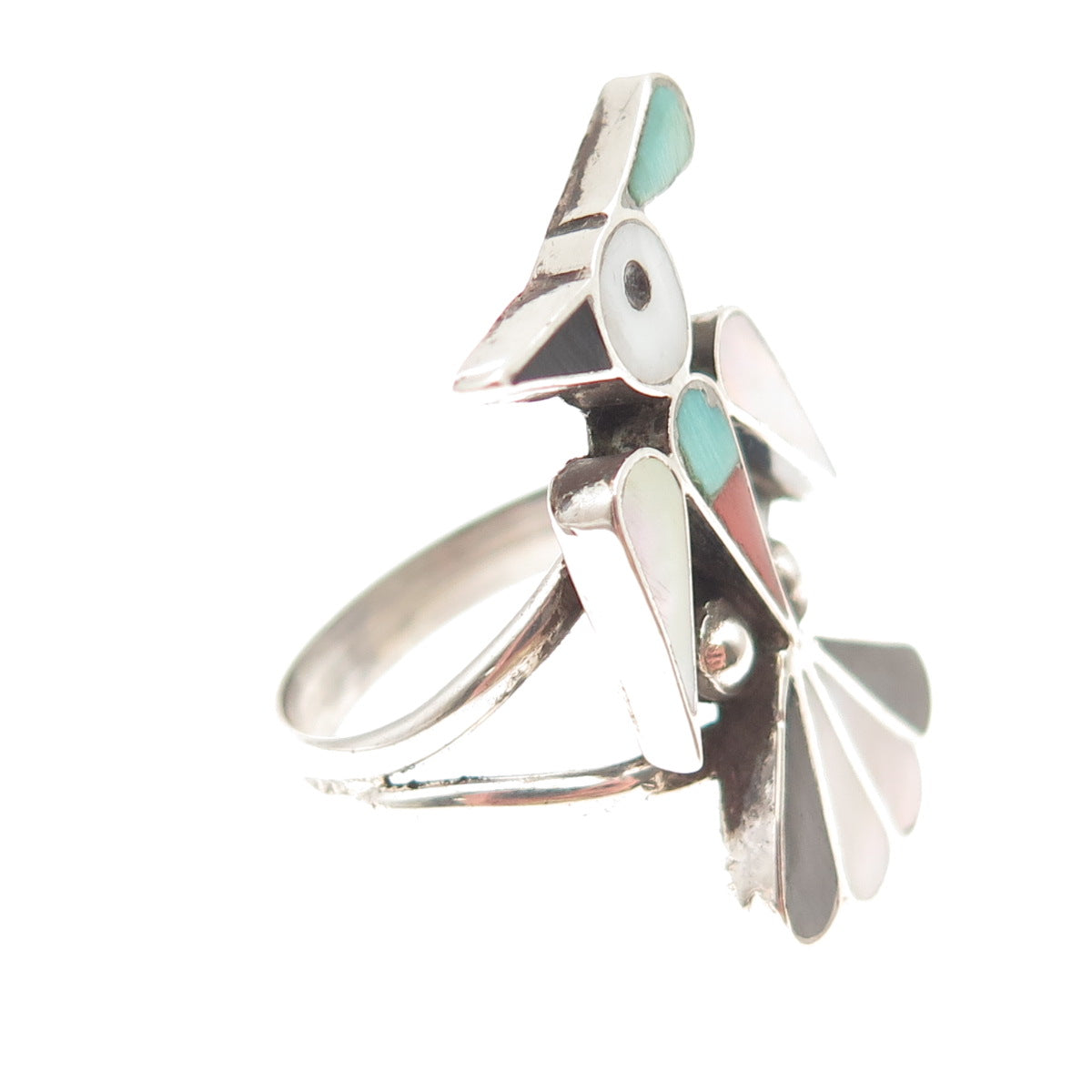 RX ZUNI Old Pawn 925 Sterling Turquoise Coral Onyx & MOP Thunderbird Ring Size 7