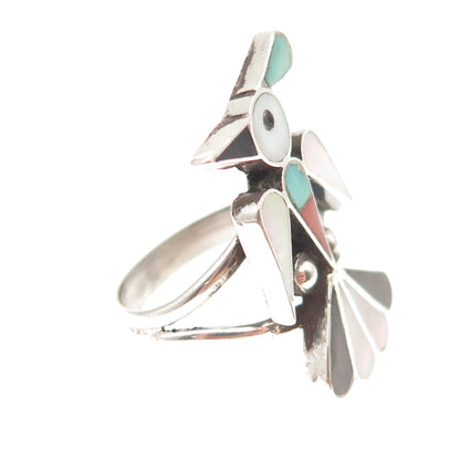 RX ZUNI Old Pawn 925 Sterling Turquoise Coral Onyx & MOP Thunderbird Ring Size 7