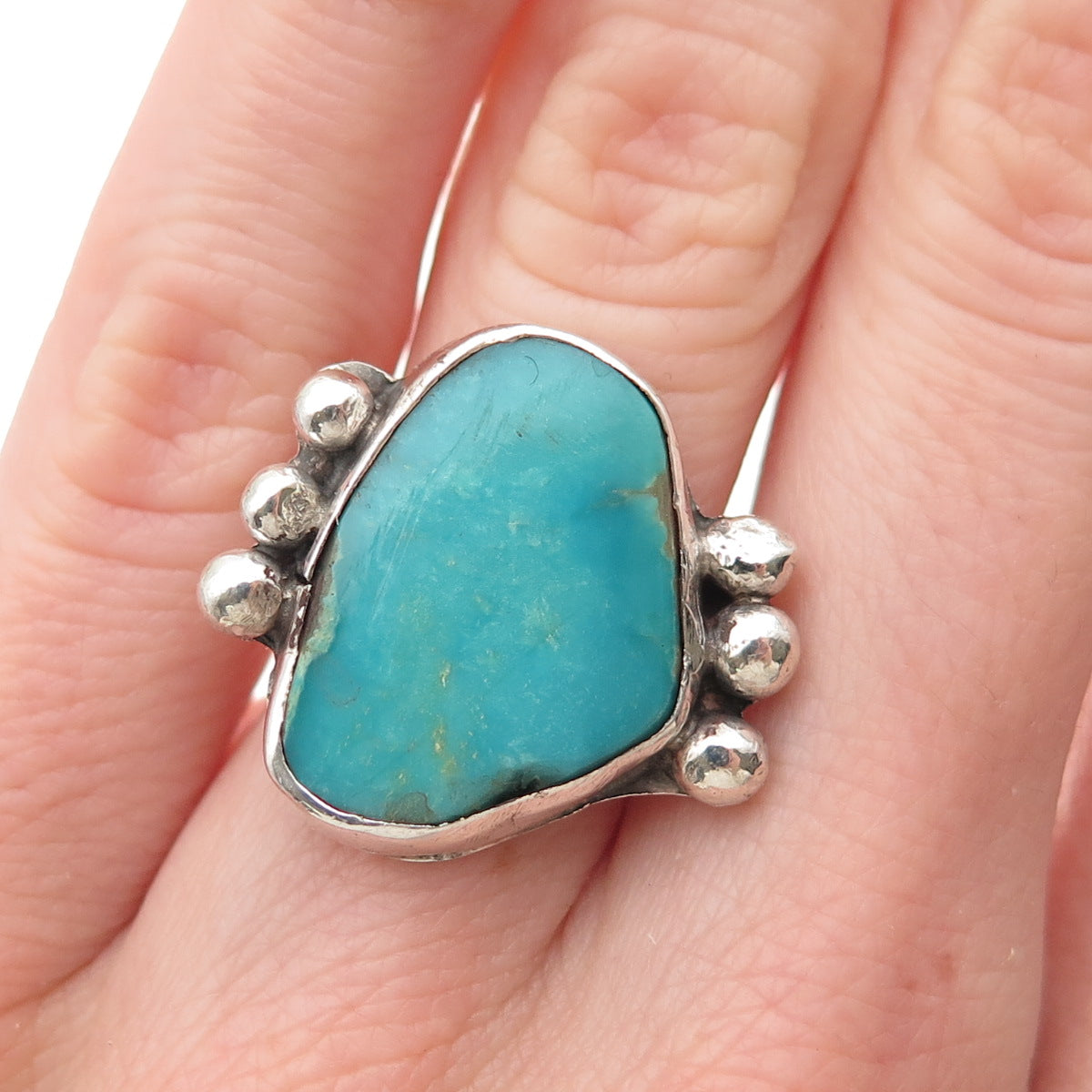 Old Pawn 925 Sterling Silver Vintage Kingman Turquoise Tribal Ring Size 4.25