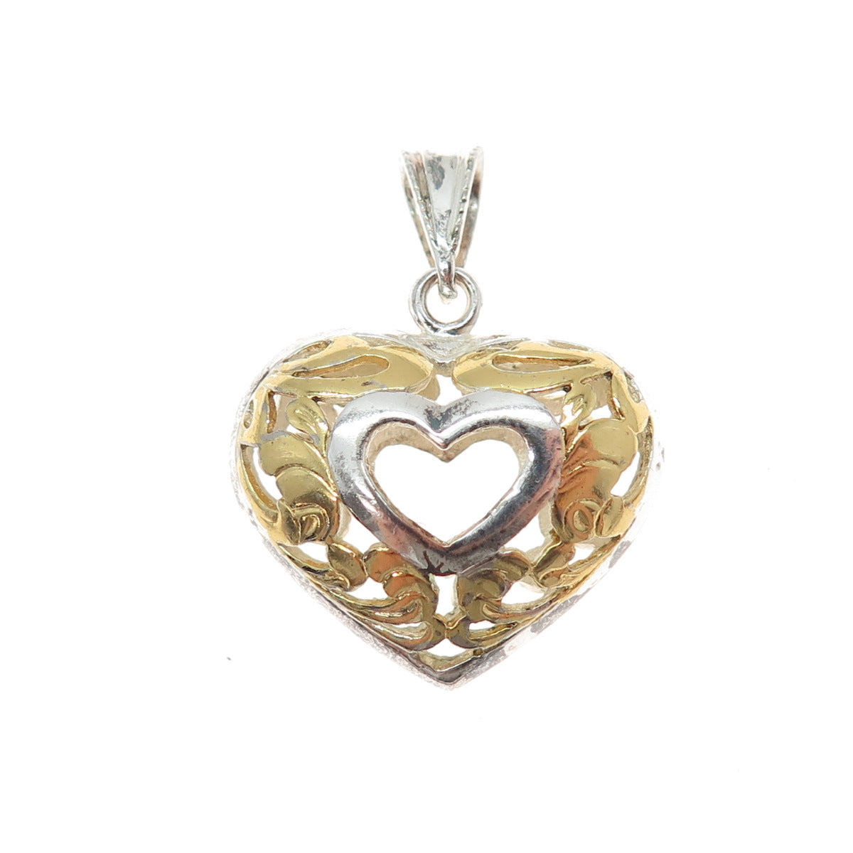 925 Sterling Silver 2-Tone Vintage Ornate Heart Charm Pendant