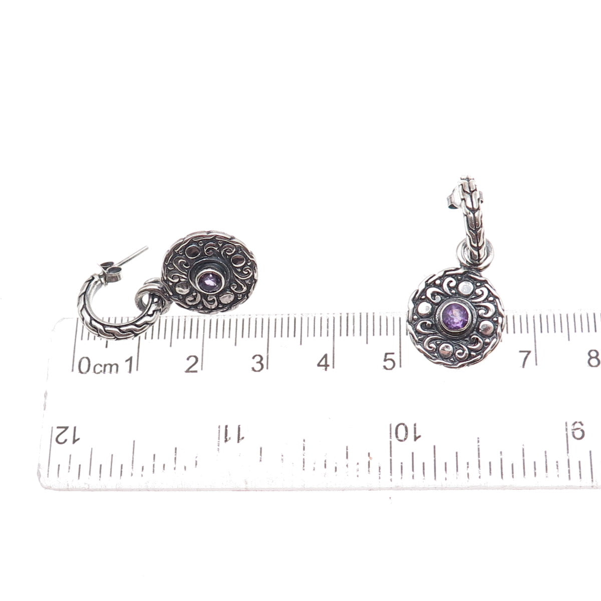 925 Sterling Silver Vintage Real Amethyst Dangle Charm Hoop Earrings