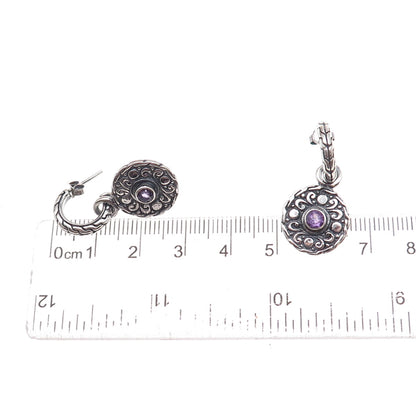 925 Sterling Silver Vintage Real Amethyst Dangle Charm Hoop Earrings