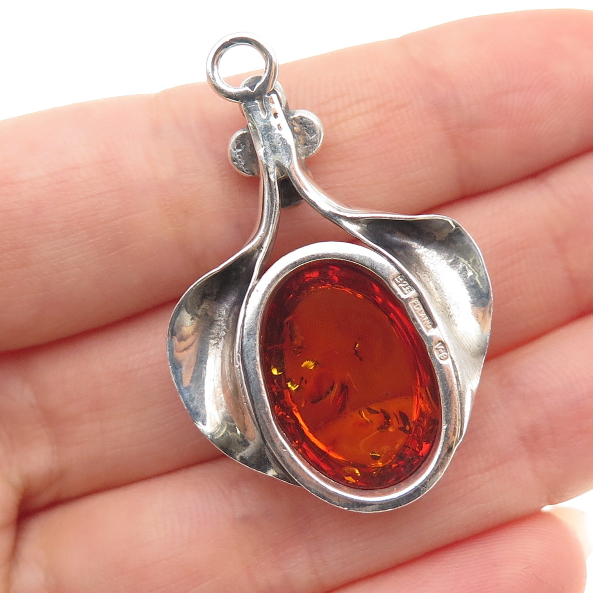 VALERIO V-8 Sterling Silver Vintage Poland Real Amber Modernist Charm Pendant