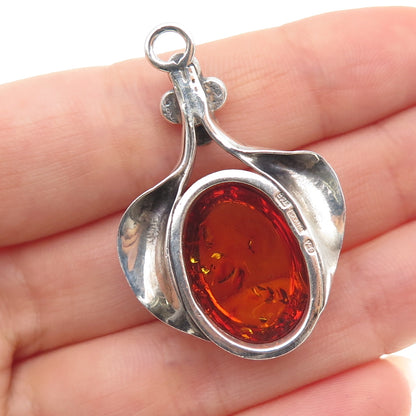 VALERIO V-8 Sterling Silver Vintage Poland Real Amber Modernist Charm Pendant