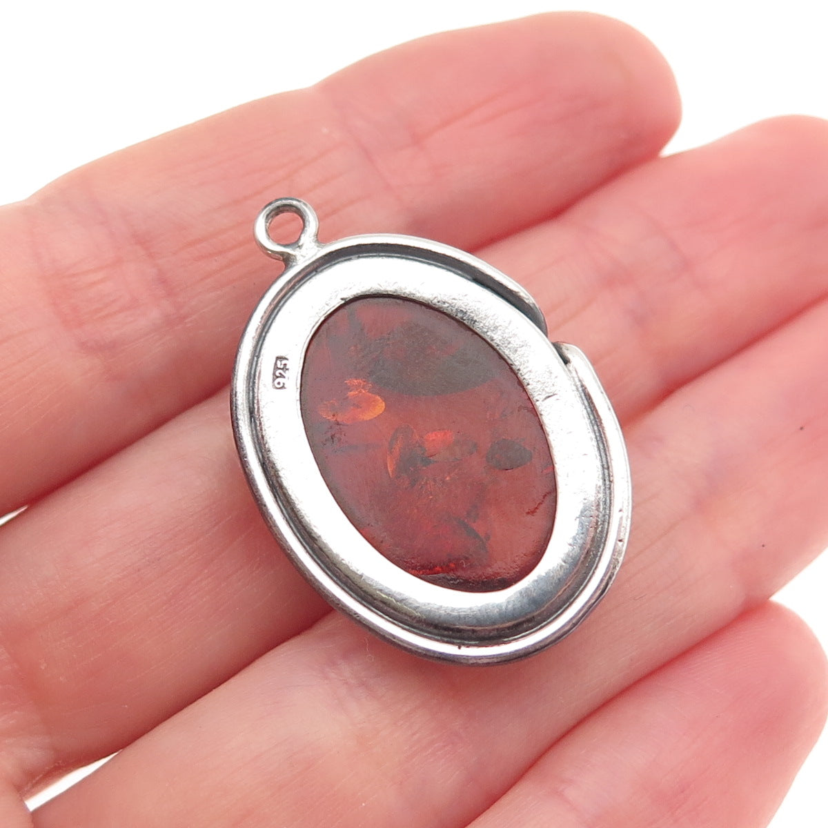 925 Sterling Silver Vintage Real Amber Modernist Filigree Floral Charm Pendant