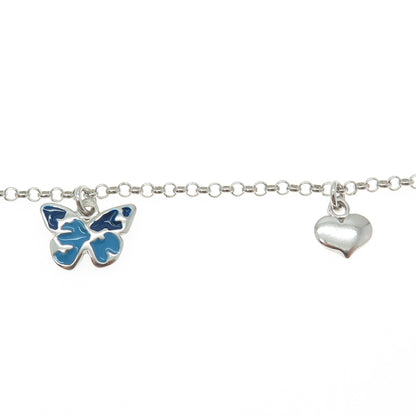 925 Sterling Silver Enamel Butterfly & Heart Charm Rolo Link Bracelet 7"