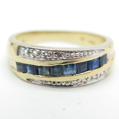 925 Sterling Silver Gold Plated Real Blue Sapphire & White Topaz Ring Size 7