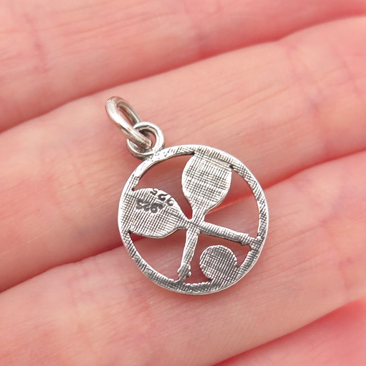 925 Sterling Silver Vintage Tennis Rackets & Ball Oxidized Mini Charm Pendant