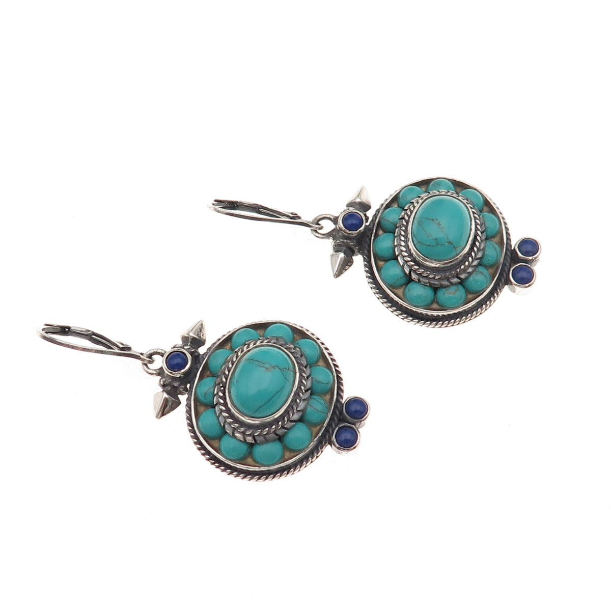 925 Sterling Silver Vintage Real Turquoise & Lapis Oxidized Dangle Earrings