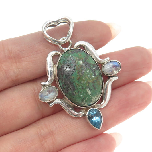 AF DESIGN 925 Sterling Silver Vintage Real Turquoise Blue Topaz & Opal Pendant