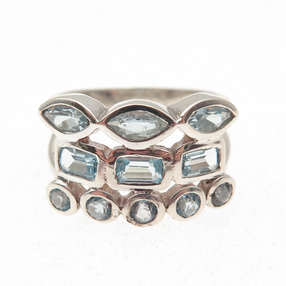 925 Sterling Silver Vintage Real Multi-Cut Blue Topaz Cluster Ring Size 8.25