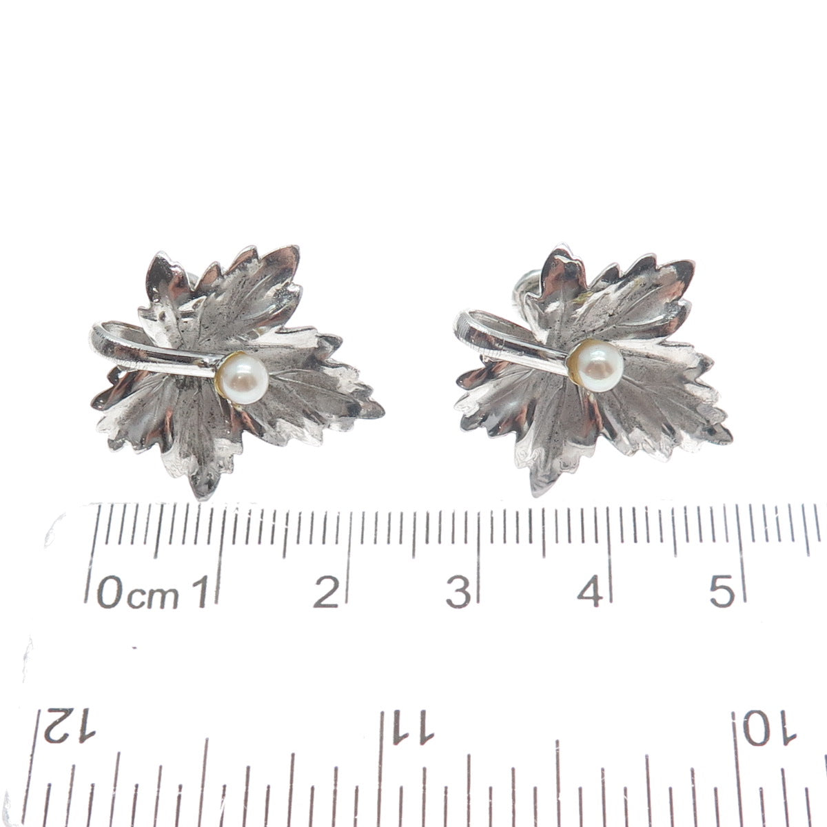 CARL ART 925 Sterling Silver Antique Real Pearl Leaf Screw Back Earrings