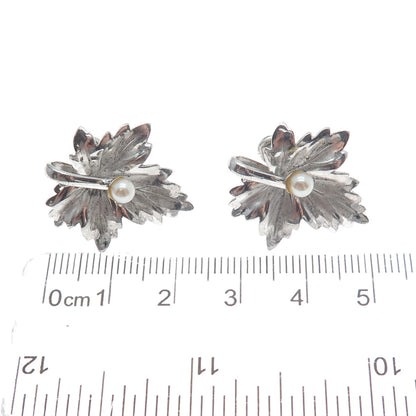 CARL ART 925 Sterling Silver Antique Real Pearl Leaf Screw Back Earrings