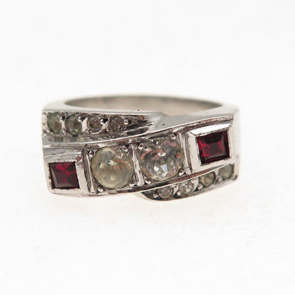800 Silver Antique Art Deco France White & Red Rhinestone Ring Size 6.25