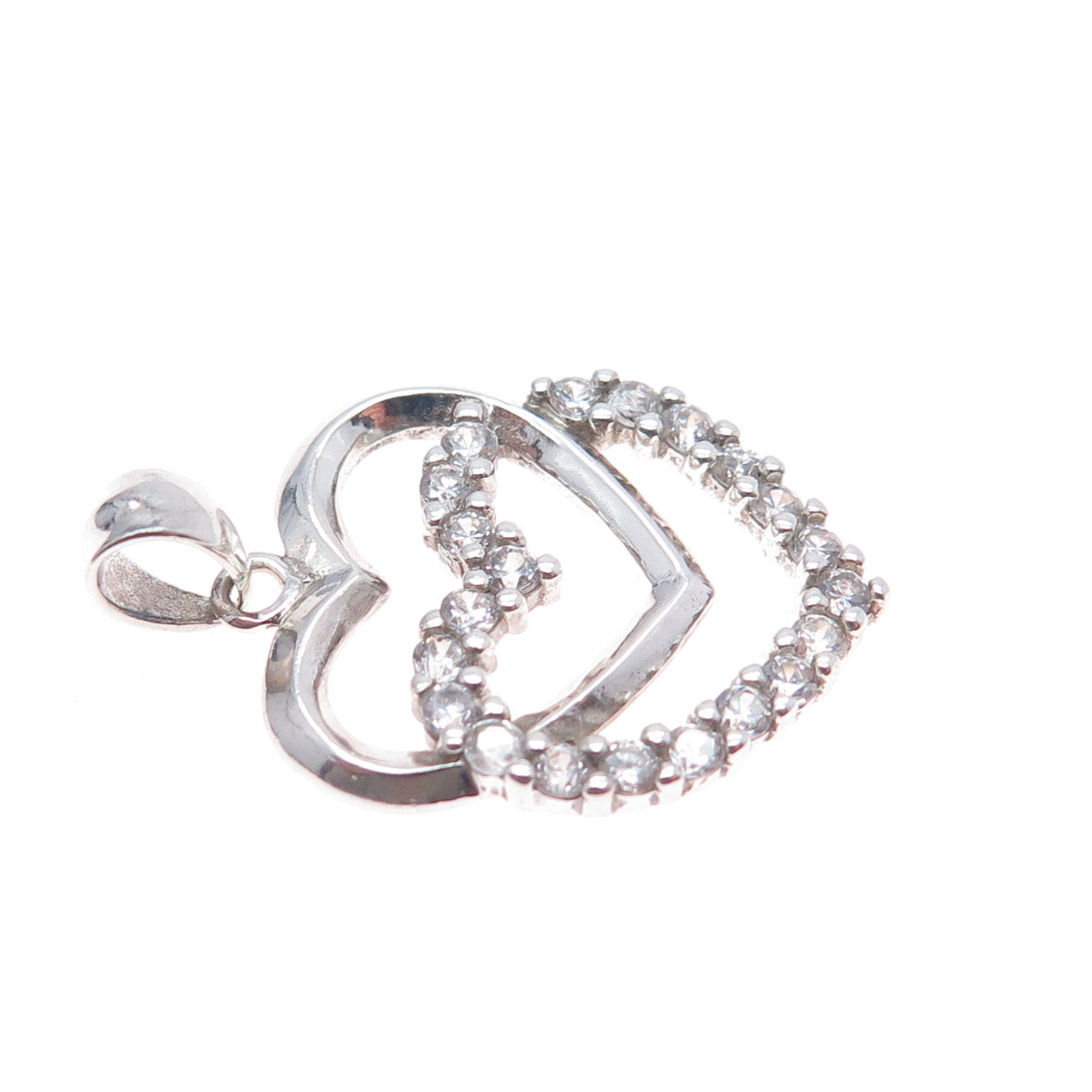 925 Sterling Silver Round-Cut C Z Double Heart Charm Pendant