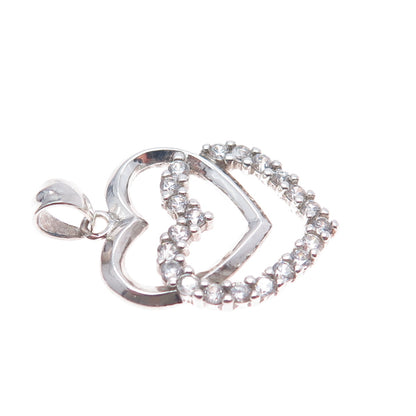 925 Sterling Silver Round-Cut C Z Double Heart Charm Pendant