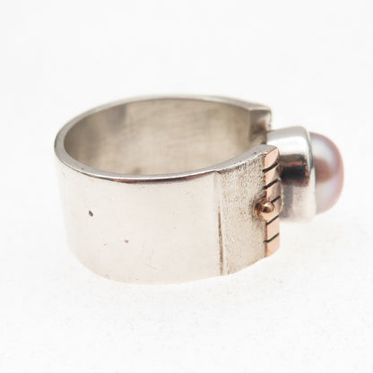 925 Sterling Silver 10K Gold Vintage Real Pearl Modernist Oxidized Ring Size 8