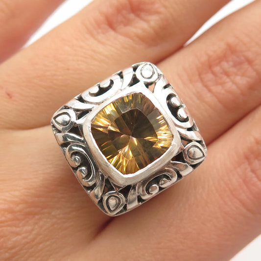 925 Sterling Silver Vintage Real Citrine Gem Ornate Square Ring Size 6