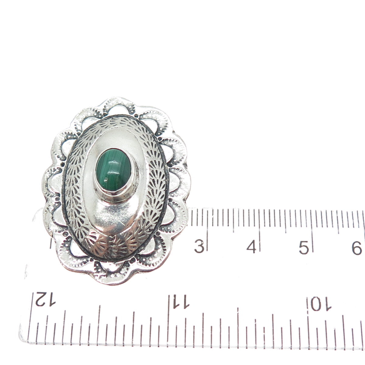Old Pawn Sterling Silver Vintage Southwestern Malachite Concho Oxidized Bolo Tie