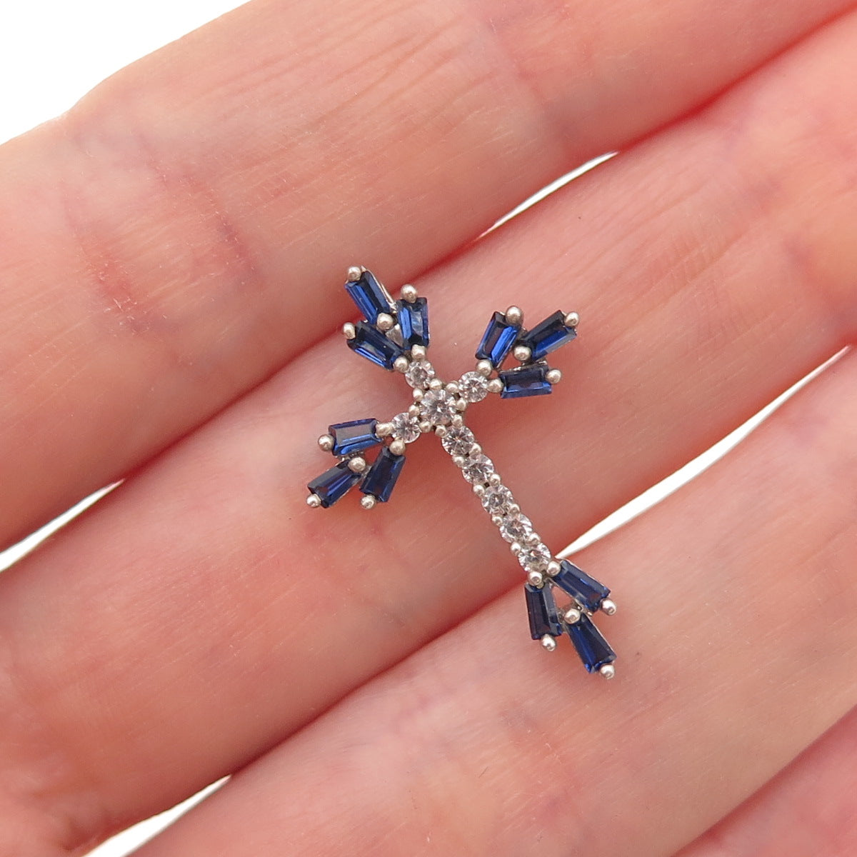 925 Sterling Silver Real White Topaz & Lab-Created Sapphire Cross Slide Pendant