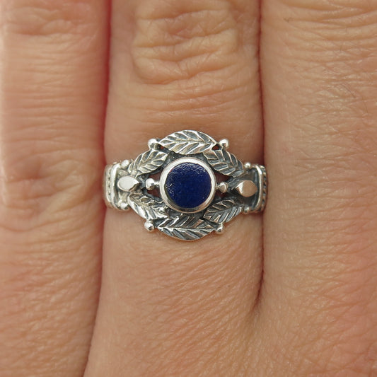 925 Sterling Silver Vintage Real Lapis Lazuli Floral Leaf Oxidized Ring Size 6