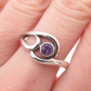 925 Sterling Silver Vintage Real Amethyst Modernist Swirl Ring Size 7.75