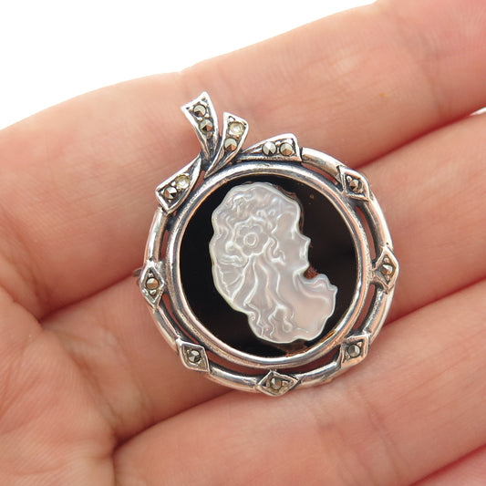 925 Sterling Vintage MOP Onyx & Marcasite Cameo Brooch Pendant (missing 1 stone)