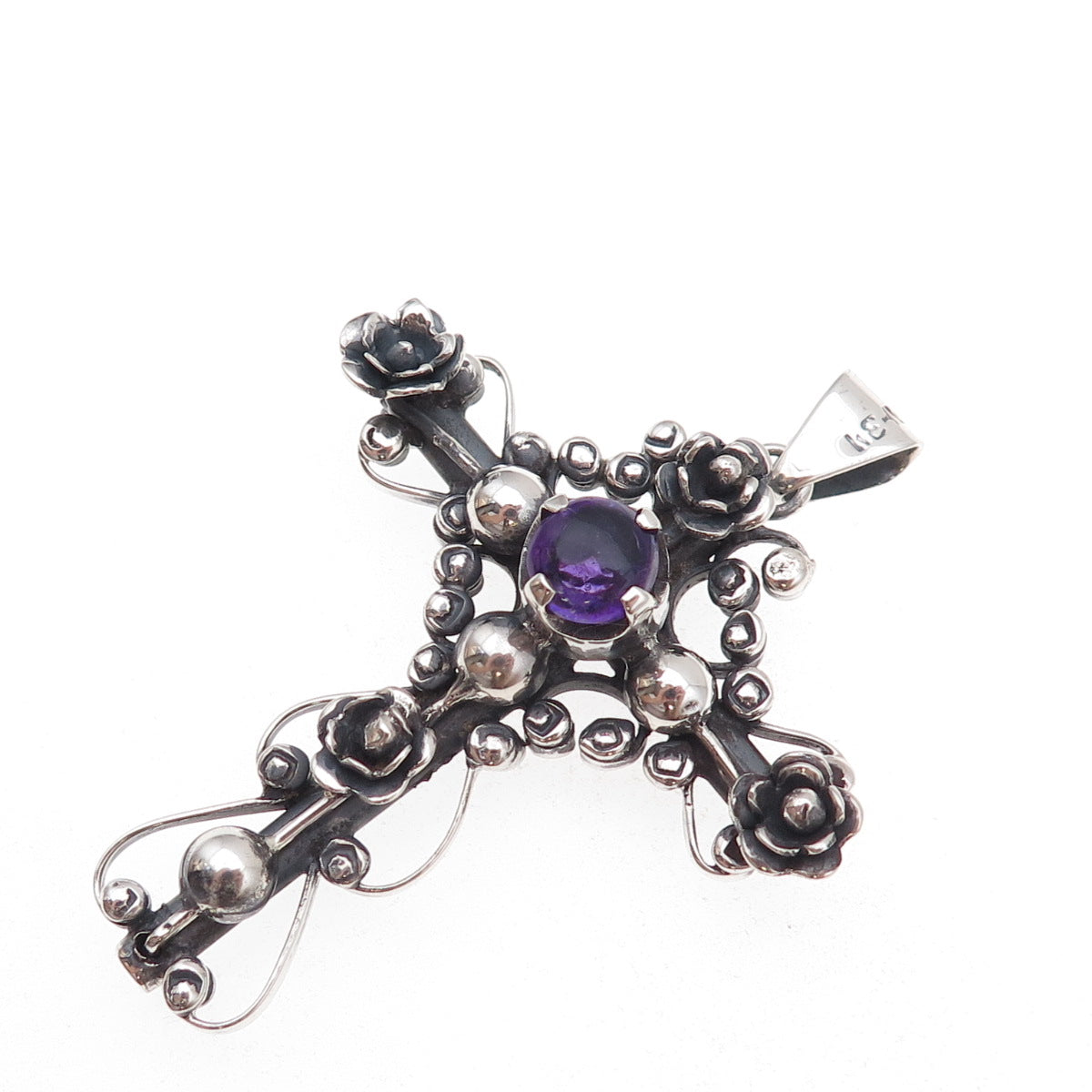 Los Ballesteros 925 Sterling Silver Vintage Mexico Real Amethyst Cross Pendant