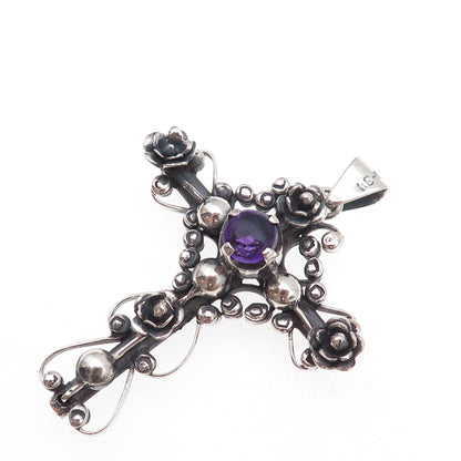 Los Ballesteros 925 Sterling Silver Vintage Mexico Real Amethyst Cross Pendant
