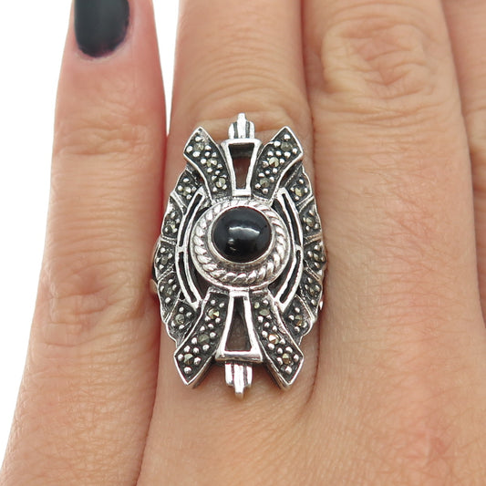 925 Sterling Silver Vintage Black Onyx & Marcasite Gem Statement Ring Size 6