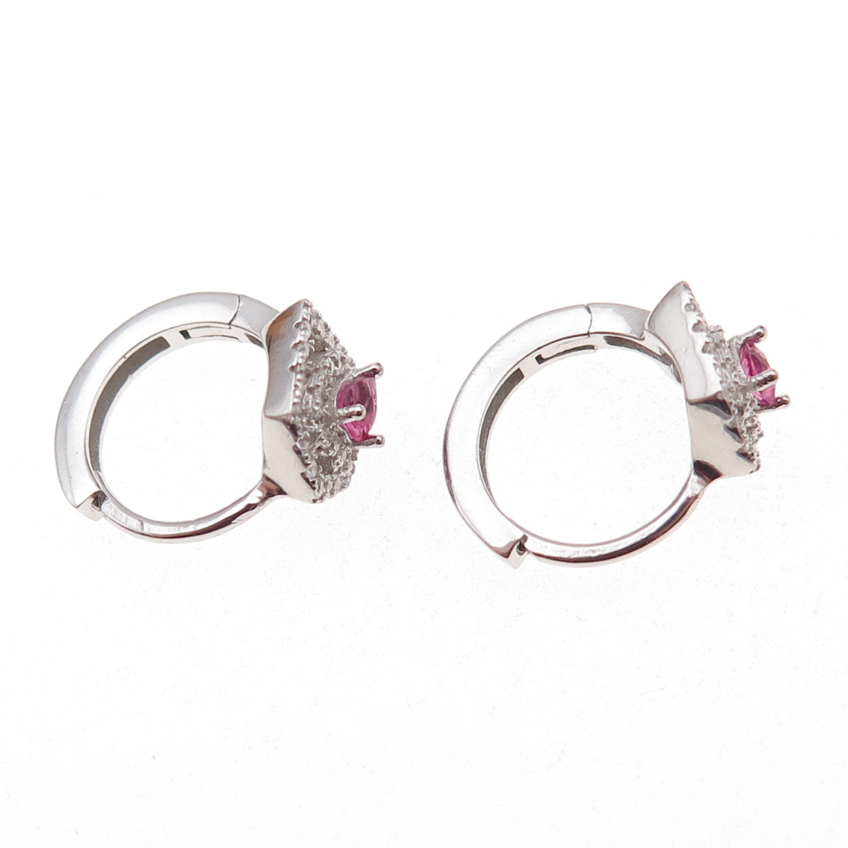 925 Sterling Silver Pink & White C Z Heart Hoop Earrings