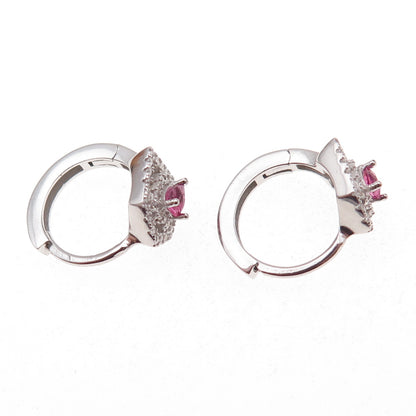925 Sterling Silver Pink & White C Z Heart Hoop Earrings
