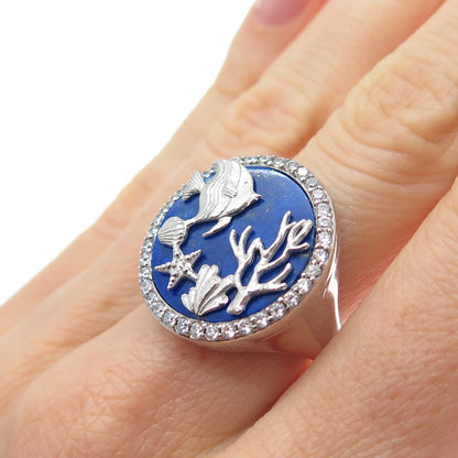 HAN 925 Sterling Silver Enamel Round-Cut C Z Sea Life Ring Size 7.25