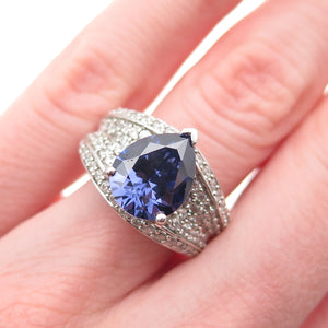 925 Sterling Silver Blue & White C Z Teardrop Ring Size 6