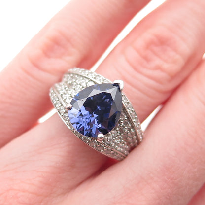 925 Sterling Silver Blue & White C Z Teardrop Ring Size 6
