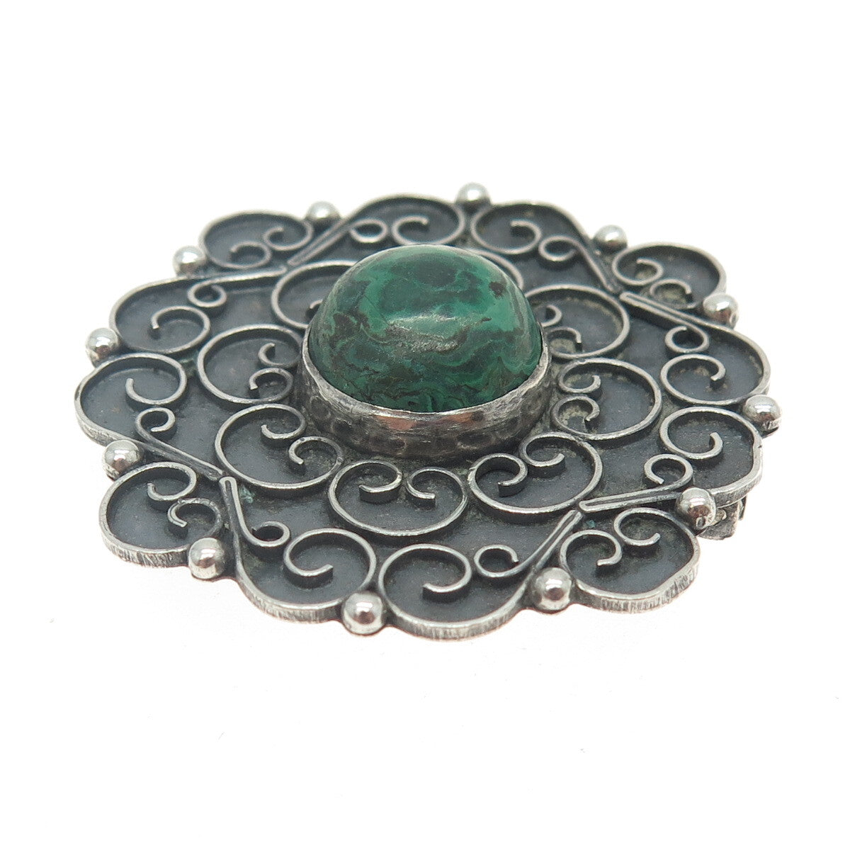 925 Sterling Silver Vintage Real Malachite Floral Ornate Pin Brooch