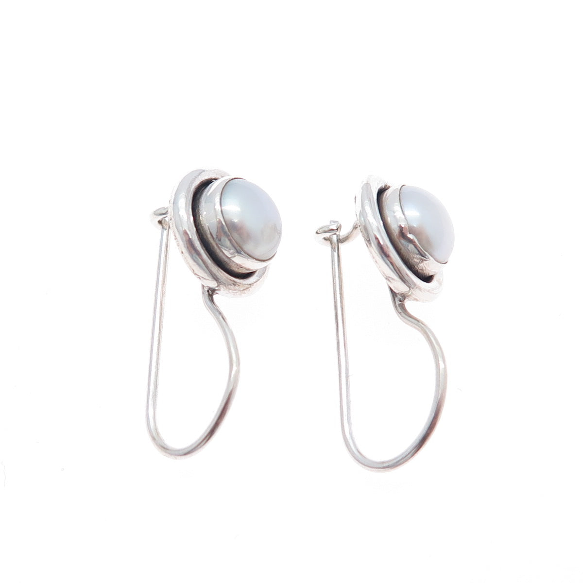 925 Sterling Silver Vintage Real Pearl Modernist Oxidized Drop Earrings