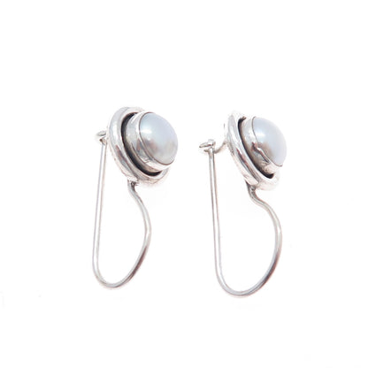 925 Sterling Silver Vintage Real Pearl Modernist Oxidized Drop Earrings