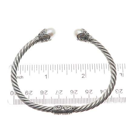 925 Sterling Silver Vintage Real Pearl Floral Oxidized Cuff Bracelet 6.25"