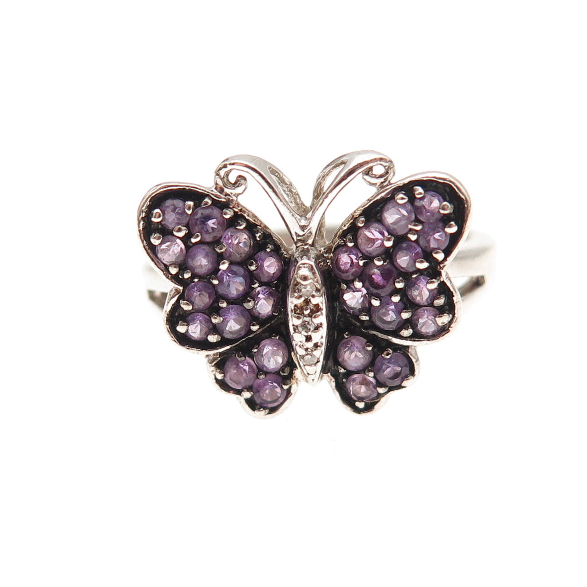 Jane Seymour 925 Sterling Silver Real Diamond Amethyst Butterfly Ring Size 6.75