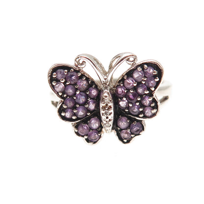 Jane Seymour 925 Sterling Silver Real Diamond Amethyst Butterfly Ring Size 6.75