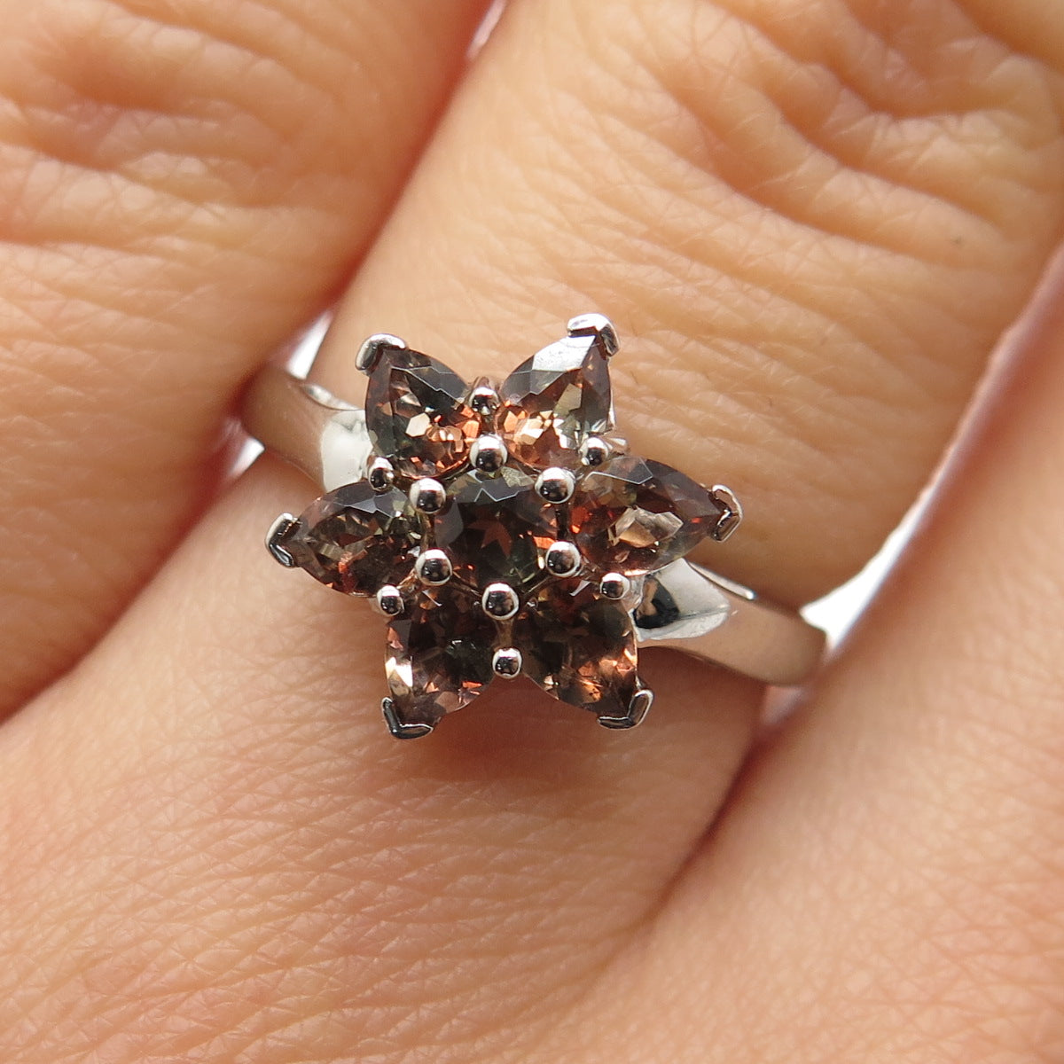 925 Sterling Silver Real Round & Pear-Cut Phantom Quartz Flower Ring Size 6.25